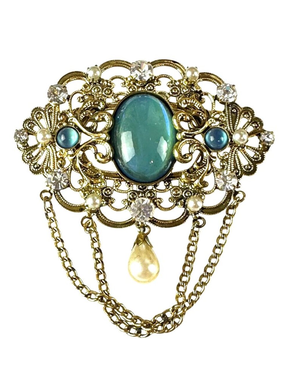 Vintage Gold-Tone Brooch Blue-Green Cabochon Crystals & Imitation Pearl